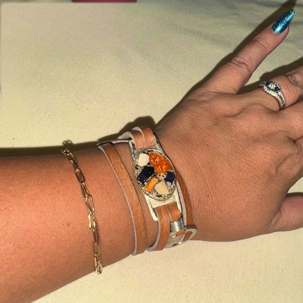LEATHER Wrap Bracelet With Pieces Of Shell From Maine Coast In Resin